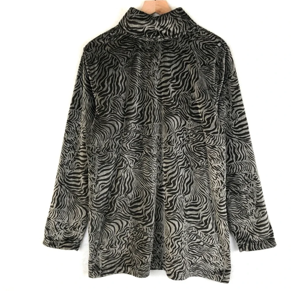 WOOLY BULLY WEAR Cowl Neck Fleece Top Women's Sz XL Black Gray Pullover Tiger‎